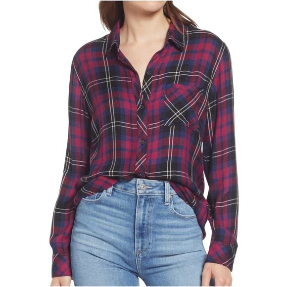 RAILS Women’s Hunter Button Up Blouse in Onyx, Scarlet & Navy Plaid - Picture 1 of 4